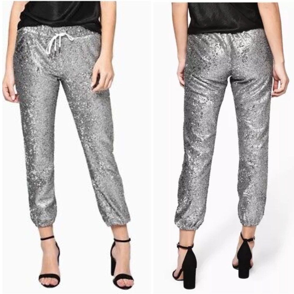 David Lerner Silver Sequin Sparkle Jogger Pants Disco Party Sz XS